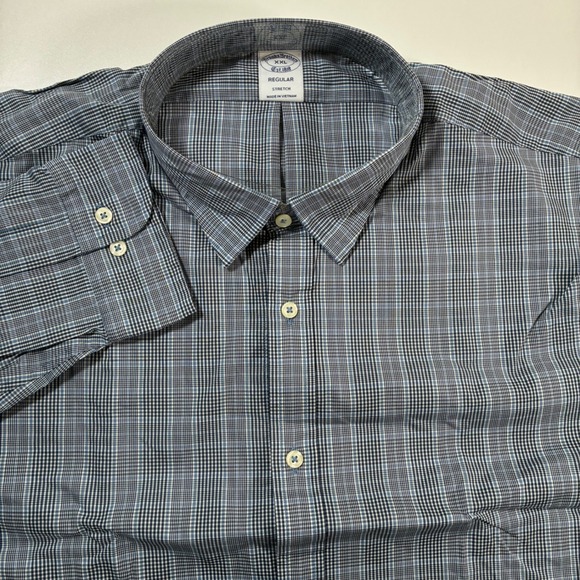 NEW Brooks Brothers Button Down Shirt 2XL Blue Plaid Performance Stretch Nylon